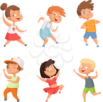 Happy childhood. Various funny dancing kids. Child little group, smile people characters. Vector illustration