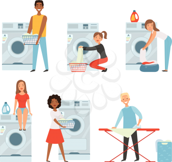 Female characters in laundry. Vector pictures set isolate. Laundry housework, household and housekeeping illustration