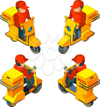 Pizza delivery man on bike. Vector isometric several views of pizza delivery character. Bike delivery pizza, food service motorbike illustration