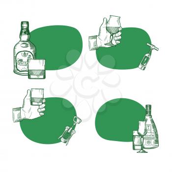 Vector set of stickers with place for text with hand drawn alcohol drink bottles and glasses illustration