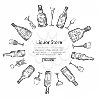 Vector hand drawn alcohol drink bottles and glasses in circle form with place for text in center round illustration