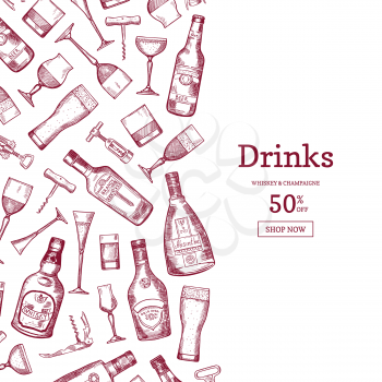 Vector banner or poster hand drawn linear style alcohol drink bottles and glasses background illustration with place for text