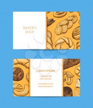 Vector business card template for shop, delivery or baking lessons with hand drawn colored bakery elements illustration
