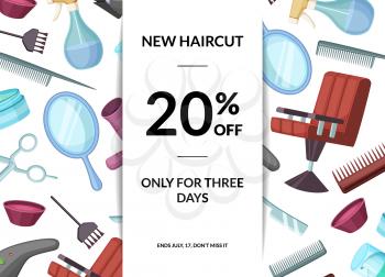 Vector hairdresser or barber cartoon elements sale background with vertical ribbon and place for text illustration