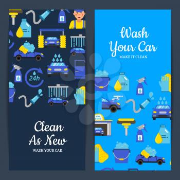 Vector vertical card or flyer illustration with colored car wash flat icons