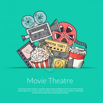 Vector poster cinema doodle icons background with place for text illustration
