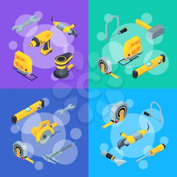 Vector banner and poster with construction tools isometric icons concept illustration