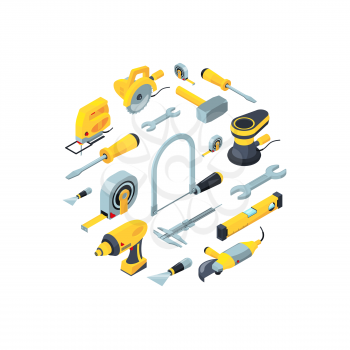 Vector construction tools isometric icons in circle shape illustration isolated in white
