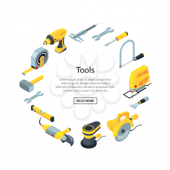 Vector construction tools isometric icons in circle form with place for text in center illustration