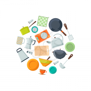 Vector kitchen utensils flat icons of set in circle shape illustration