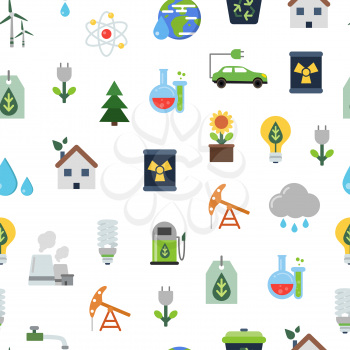 Vector seamless pattern or background illustration with ecology flat colored icons