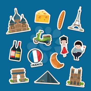 Vector cartoon France sights and objects stickers set illustration. Architecture building