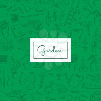 Vector poster gardening doodle icons green background with place for text illustration