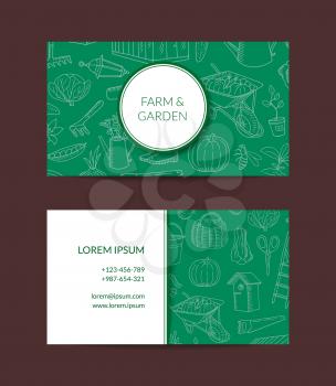 Vector gardening doodle icons business card template for for farm and garden tools shop illustration