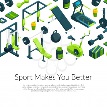 Vector isometric gym objects background with place for text illustration. Sport business poster