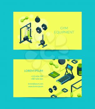 Vector cards with isometric gym equipment objects for gym illustration