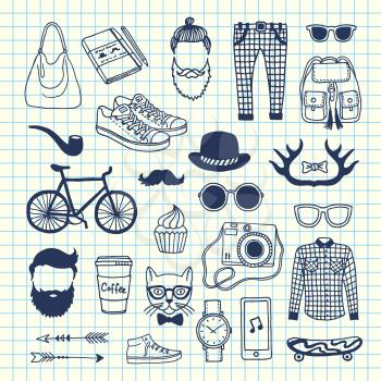 Vector hipster doodle icons on cell sheet illustration. Camera and hairstyle, coffee sketchy, horns and arrow