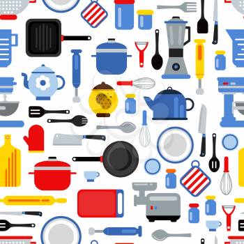 Vector colored seamless pattern or background illustration with flat style kitchen utensils