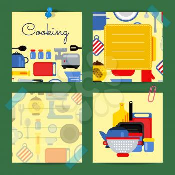Vector cute notes set with flat style kitchen utensils illustration
