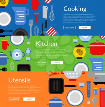 Vector flat style kitchen utensils horizontal web banners and poster illustration