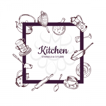 Vector frame with hand drawn kitchen utensils flying around it with place for text in center illustration