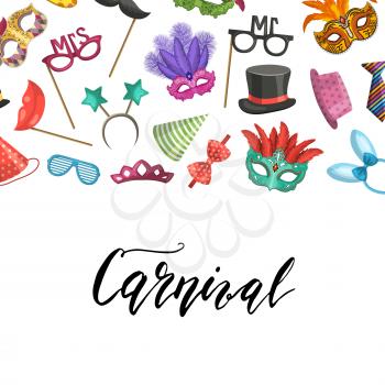 Vector banner poster background with place for text with masks and party accessories illustration