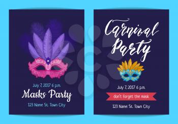 Vector party invitation card or banner template with masks and party accessories illustration
