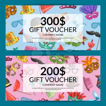 Vector discount or gift card voucher with masks and party accessories illustration