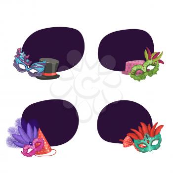Vector set of stickers with place for text with masks and party accessories illustration