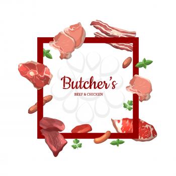 Vector cartoon meat elements frame with flying around it with place for text in center illustration