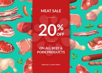 Vector cartoon meat elements sale background illustration with place for text and ribbon with shadows