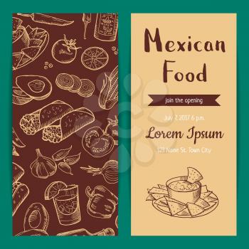 Vector banner poster and flyer or invitation template for restaurant cafe with sketched mexican food elements illustration
