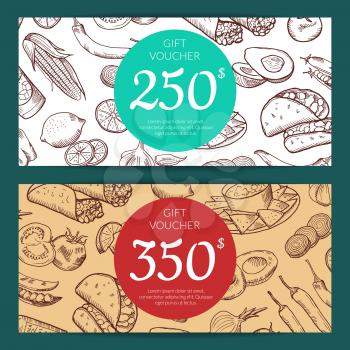 Vector discount or voucher template with sketched mexican food elements for restaurant, shop or cafe illustration
