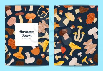 Vector card or flyer templates set with place for text with cartoon mushrooms illustration