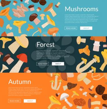 Vector colored horizontal web banners of set illustration with cartoon mushrooms