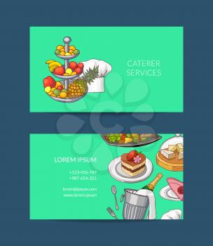 Vector set of business card template for restaurant or caterer hand drawn restaurant or room service elements illustration