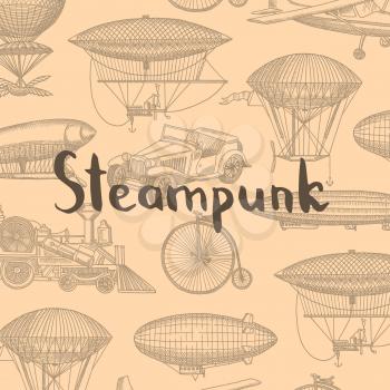 Vector background with steampunk hand drawn airships, air balloons, bicycles and cars with place for text illustration