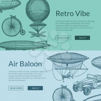 Vector horizontal web banners or poster illustration with steampunk hand drawn airships, bicycles and cars