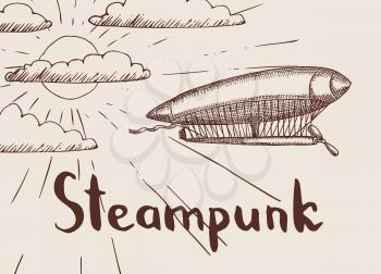 Vector background with steampunk hand drawn airship in front of sun and clouds with place for text illustration