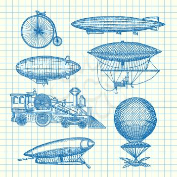 Vector set of steampunk hand drawn dirigibles, bicycles and cars on cell sheet illustration. Dirigible transport and air balloon vintage