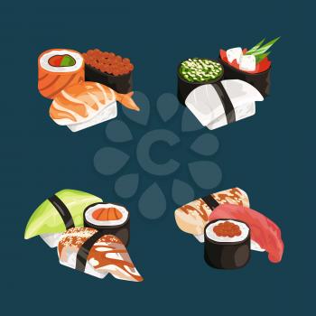 Vector cartoon sushi types piles set. Rice and fish, restaurant menu illustration