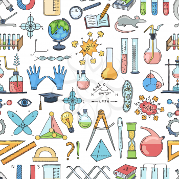 Vector colored sketched science or chemistry elements pattern or background illustration