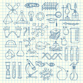 Vector sketched science or chemistry elements set on cell sheet illustration