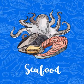 Vector hand drawn colored seafood elements composition on dark gradient background with lettering for seafood store or restaurant illustration