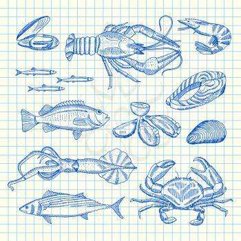 Vector hand drawn seafood elements set on cell sheet illustration