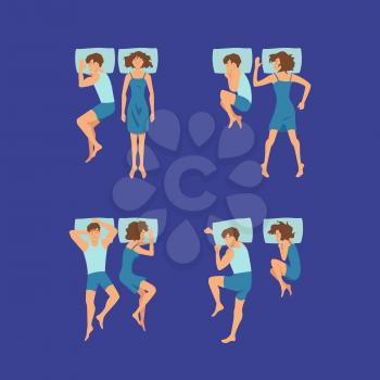 Vector set of couple of man and woman sweet sleeping on pillows in bedroom poses illustration