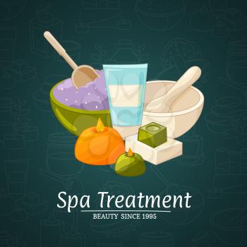 Vector illustration with cartoon beauty and spa elements and place for text on gradient background
