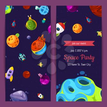 Vector party invitation color card templates with space elements, planets and ships illustration