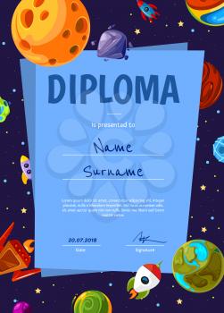 Vector children diploma or certificate template with with cartoon space planets and ships illustration