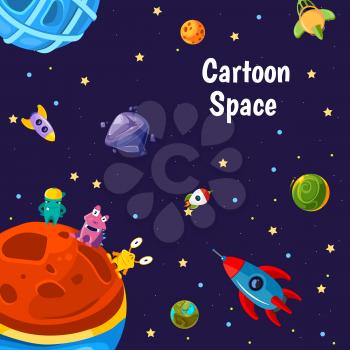 Vector background with place for text with cartoon space planets and ships illustration